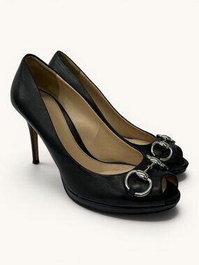 Classic Gucci Horsebit Peep-Toe Pumps, Size 38 EU